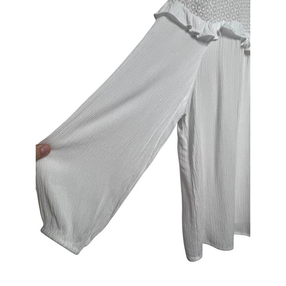 C Est 1946 White Crochet Yoke Ruffle Long Sleeve Blouse XL Minimalist Lt Weight - Picture 8 of 16